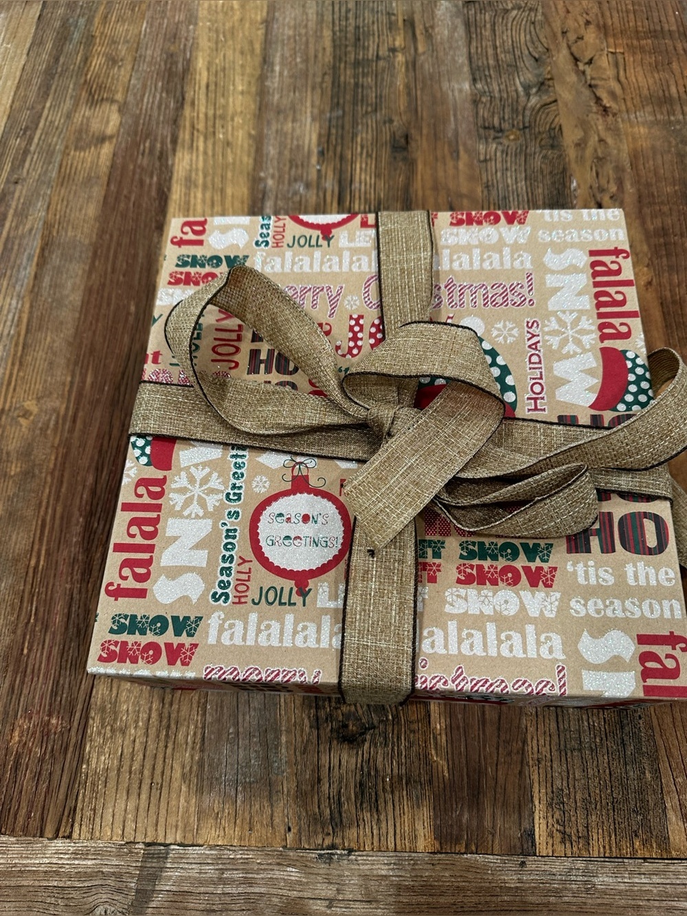 Festive 'Fa La La' Holiday Gift Box with Burlap Ribbon - Red & Green